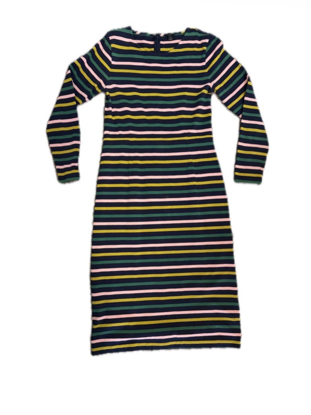 J. Crew Cotton Knit Dress, Back Zip, Navy, Pink, Green, Yellow Stripes,  Sz 8